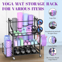 Load image into Gallery viewer, Yoga &amp; Workout Gear Storage Rack - Organizes Mats, Rollers, Straps, Resistance Bands