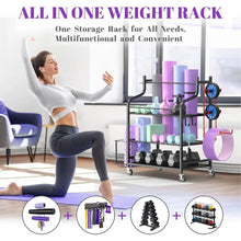 Load image into Gallery viewer, Yoga &amp; Workout Gear Storage Rack - Organizes Mats, Rollers, Straps, Resistance Bands