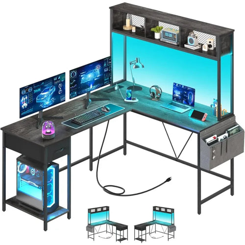 Reversible L-Shaped Computer Desk - Gaming Desk with LED Strip, Power Outlet, Shelf & Drawer