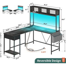 Load image into Gallery viewer, Reversible L-Shaped Computer Desk, Gaming Desk with LED Strip, Power Outlet, Storage Shelf &amp; Drawer