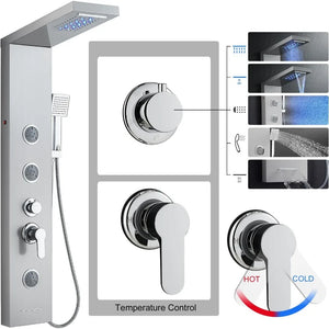 LED Shower Panel Tower, 5-in-1 System with Rainfall, Waterfall & 3 Adjustable Body Jets