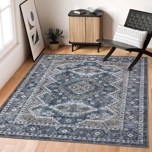 Vintage Tribal Area Rug 9x12 Stain Resistant Washable Anti Slip Backing Navy