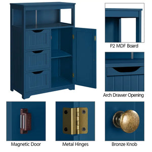 Navy Blue Wood Bathroom Storage Cabinet | Open Shelving, 22"L x 12"W x 34"H