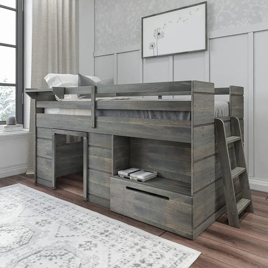 Modern Farmhouse Loft Bed for Kids Twin Size Solid Wood Driftwood
