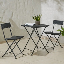 Load image into Gallery viewer, Black 3-Piece Rattan Wood and Steel Café Table and Chairs Set - Home Folding