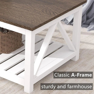 Farmhouse Coffee Table, Rustic Vintage with Shelf, 40 Inch, White