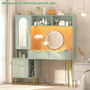 48" Vanity Table w/ Pegboard - Modern Bedroom Makeup Vanity, LED, Charging Port