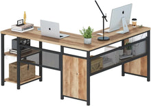 Load image into Gallery viewer, L-Shaped Industrial Office Desk, Reversible Wood/Metal Corner Desk with Shelves