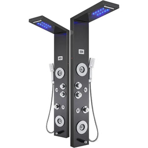 LED Shower Panel Tower, Black Stainless Steel Rain Massage System w/ Body Jets