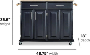 Black Kitchen Cart Storage 48.25 Inches Wide Rolling Utility Island Cabinet