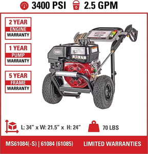 3400 PSI Gas Pressure Washer, MegaShot, SH270, 2.5 GPM, Spray Gun & Wand