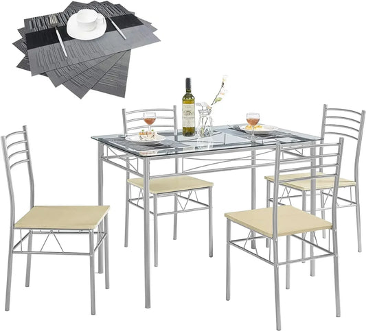 Small Space Dining Set - 5 Piece Table Set with Chairs, Glass Top, Silvery Finish