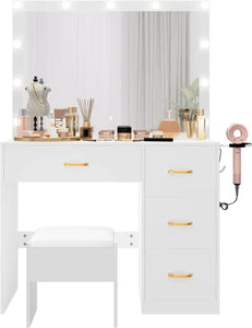 Makeup Vanity with Large Lighted Mirror, Power Outlet, 3 Color Lighting Modes