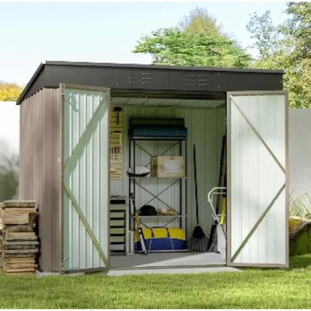 Outdoor 8x6 FT Metal Shed, Brown Tool Shed w/ Sloping Roof, Lockable Door, Backyard Garden