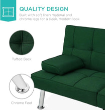 Load image into Gallery viewer, Modern Linen Folding Futon: Reclining Sofa Bed, Dark Green, Dorm Apartment