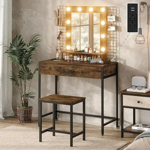 33" W Makeup Vanity Table Set with LED Lights, Mirror, Drawer & Charging Station