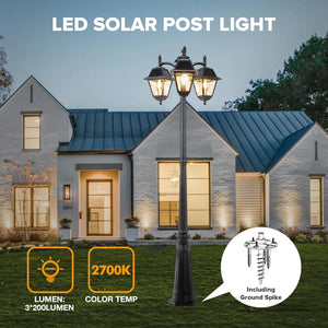 Outdoor Solar Post Light, Black Pole Lamp, 600 Lumen Dusk-to-Dawn Street Light