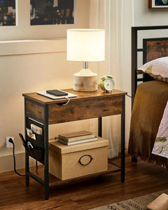 Modern Side Table with Storage & Fabric Bag - End Table Nightstand with USB Ports & Outlets