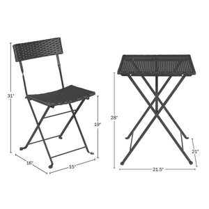 Black 3-Piece Rattan Wood and Steel Café Table and Chairs Set - Home Folding