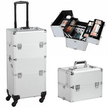 Load image into Gallery viewer, Rolling Cosmetic Trolley Makeup Beauty Box Case Silver Aluminum 3 in 1 - Travel Organizer