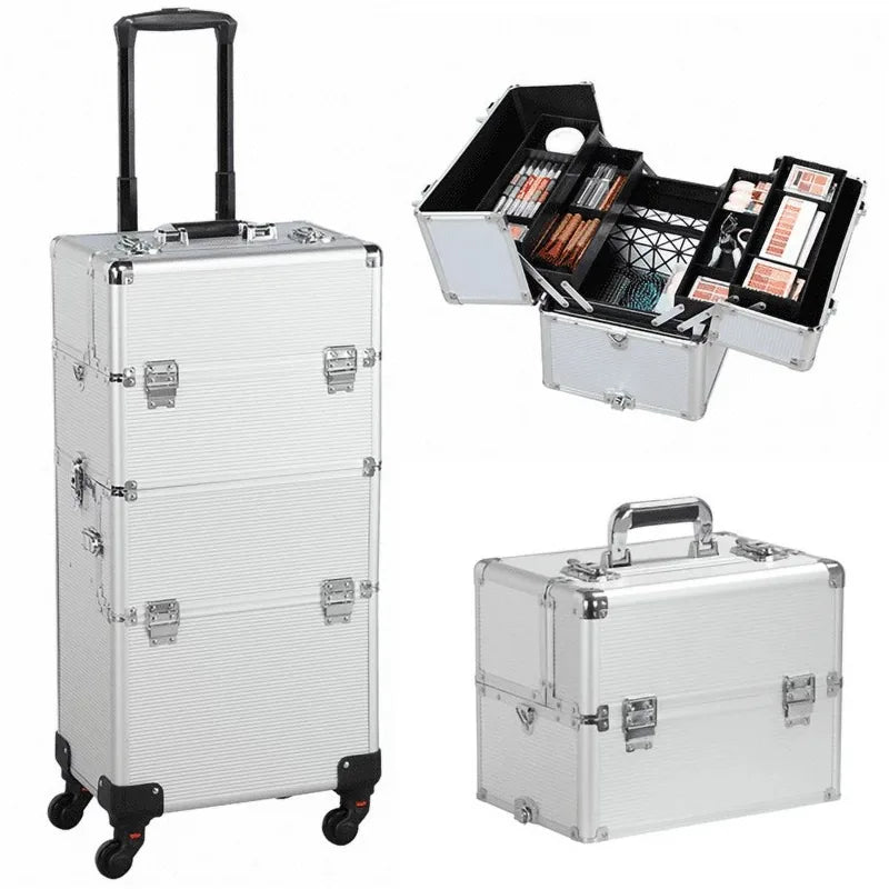 Rolling Cosmetic Trolley Makeup Beauty Box Case Silver Aluminum 3 in 1 - Travel Organizer