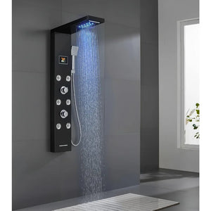 Black Rainfall Waterfall Shower Panel with LED Lights, 5-in-1 Shower Tower System