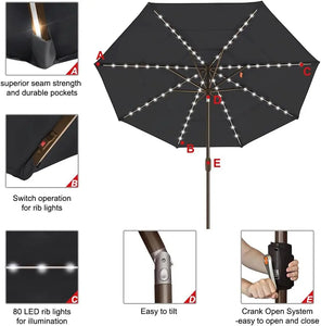 9ft Solar Market Umbrella with 80 LED Lights | Sunumbrella Fabric