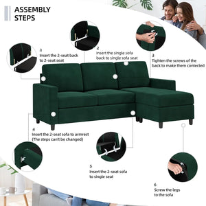 Convertible Combination Sofa Modern Linen L-Shape 3-Seat Sofa Reversible Recliner Green