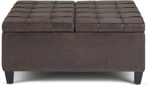 36'' Square Coffee Table Lift Top Storage Ottoman, Distressed Brown Faux Leather