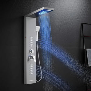 Brushed Stainless Steel LED Shower Tower - Rainfall Waterfall, Jets & Handheld System