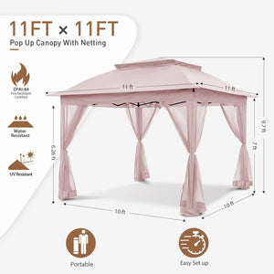 11x11 Pink Pop-Up Instant Gazebo Tent with Mosquito Netting - Outdoor Canopy Shelter, 121 Square Feet