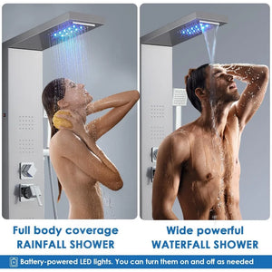 LED Shower Panel Tower System, 5-Function Column, Rainfall & Waterfall Head, 4 Jets