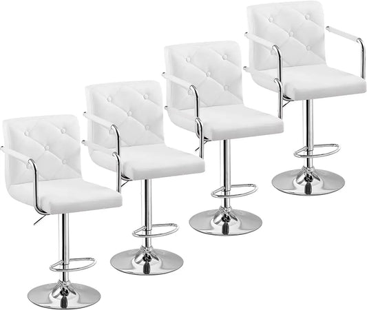 White Adjustable Bar Stools, Set of 4, Counter Height with Back & Arms