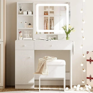 Stylish Bedroom Makeup Vanity Desk with LED Lighted Mirror, Power Outlet, Drawers, Cabinet, Storage Stool