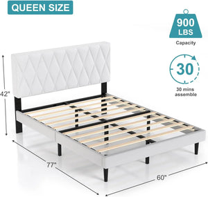 Strong Wooden Slats Queen Bed Frame, Upholstered Platform, Headboard