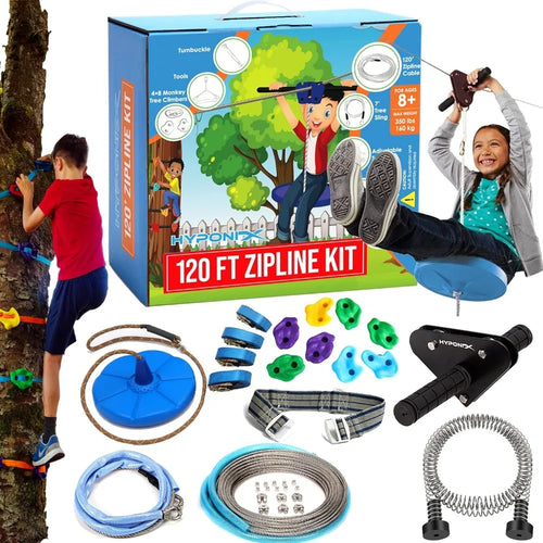 Zip Line Kit for Kids & Adults | 120 ft or 200 ft, Up to 350 Lbs, 100% Rust Proof w/Harness