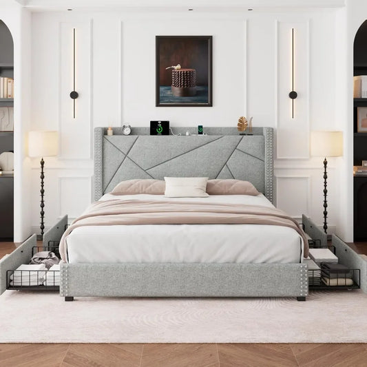 "King Size Upholstered Platform Bed Frame with 4 Storage Drawers & Solid Wood Slats
