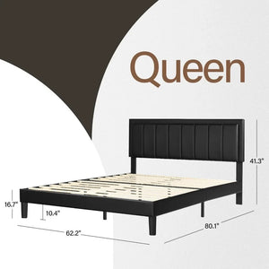 "Modern Queen Size Upholstered Bed Frame w/ Faux Leather Headboard & Wood Slats