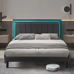 "Modern Queen Size Upholstered Bed Frame w/ Faux Leather Headboard & Wood Slats