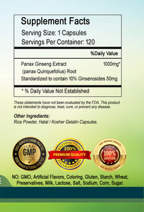 Panax Ginseng Extract Quinquefolius 10% Ginsenosides 1000mg 120 capsules Bottle PL