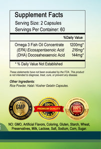 Fish Oil Omega 3 Omega3 1200mg Serving Non Oily High Potency BIG BOTTLE 120 Capsules PL