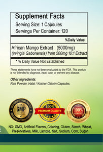African Mango Extract 5000mg 120 Capsules Fat Burner, Diet Irvingia Gabonensis PL
