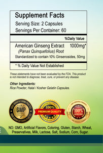 American GINSENG 1000mg High Potency Big Bottle 120 Capsules PL