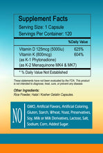 Load image into Gallery viewer, Vitamin K2 MK7 D3 800mcg 5000iu Large Bottles Of 120 Capsules Per Serving Sunlight