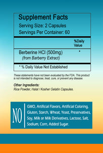 Berberine HCl 500mg Serving, 120 Capsules - Gluten Free, Vegetarian & Non-GMO SL