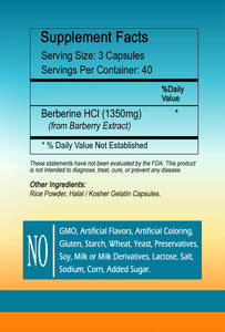 Berberine HCl 1350mg Serving, 120 Capsules - Gluten Free, Vegetarian & Non-GMO SL