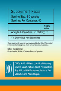 Carnitine Vitality: Acetyl L-Carnitine Capsules for Energy Boost.Large Bottles Of 120 Capsules 1500mg