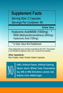 Hyaluronic Acid with MSM 1000mg Large Bottles Of 120 Capsules Per Serving Sunlight