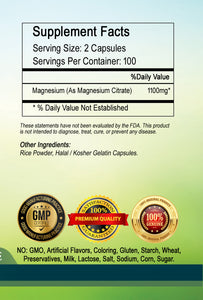 Magnesium Citrate 1100mg Serving 100% Pure 200 Capsules Big Bottle USA Shipping PL