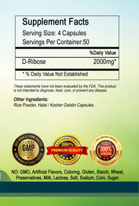 D-Ribose 2000mg Serving High Potency Big Bottle 200 Capsules PL